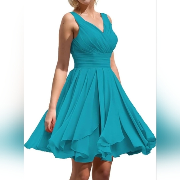 Dresses & Skirts - NWT MU XIANG CHEN Teal Chiffon Corseted Fit and Flare Short Dress Size 18